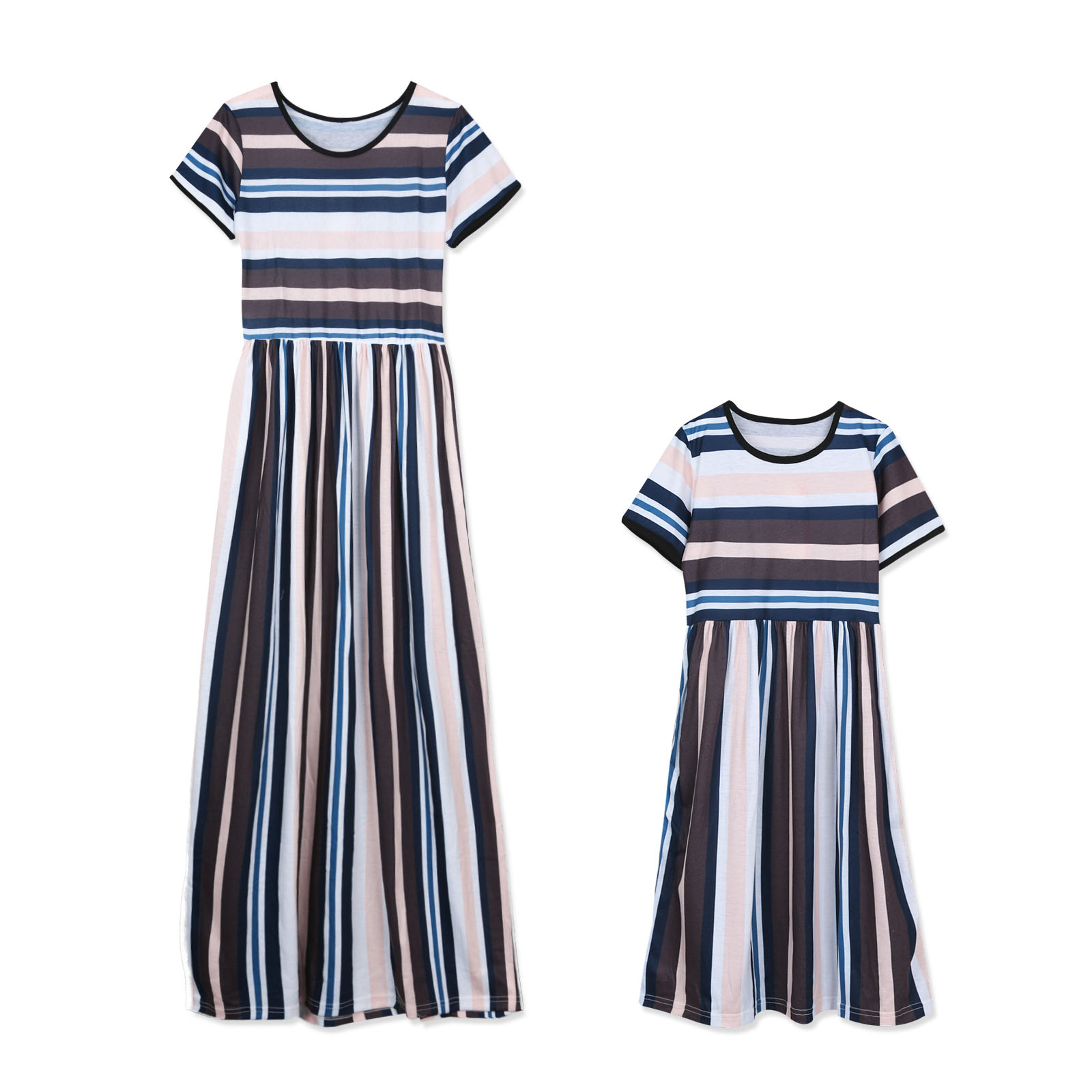 

Classic Striped Mom and Me Short-sleeve High Waist Maxi Dress